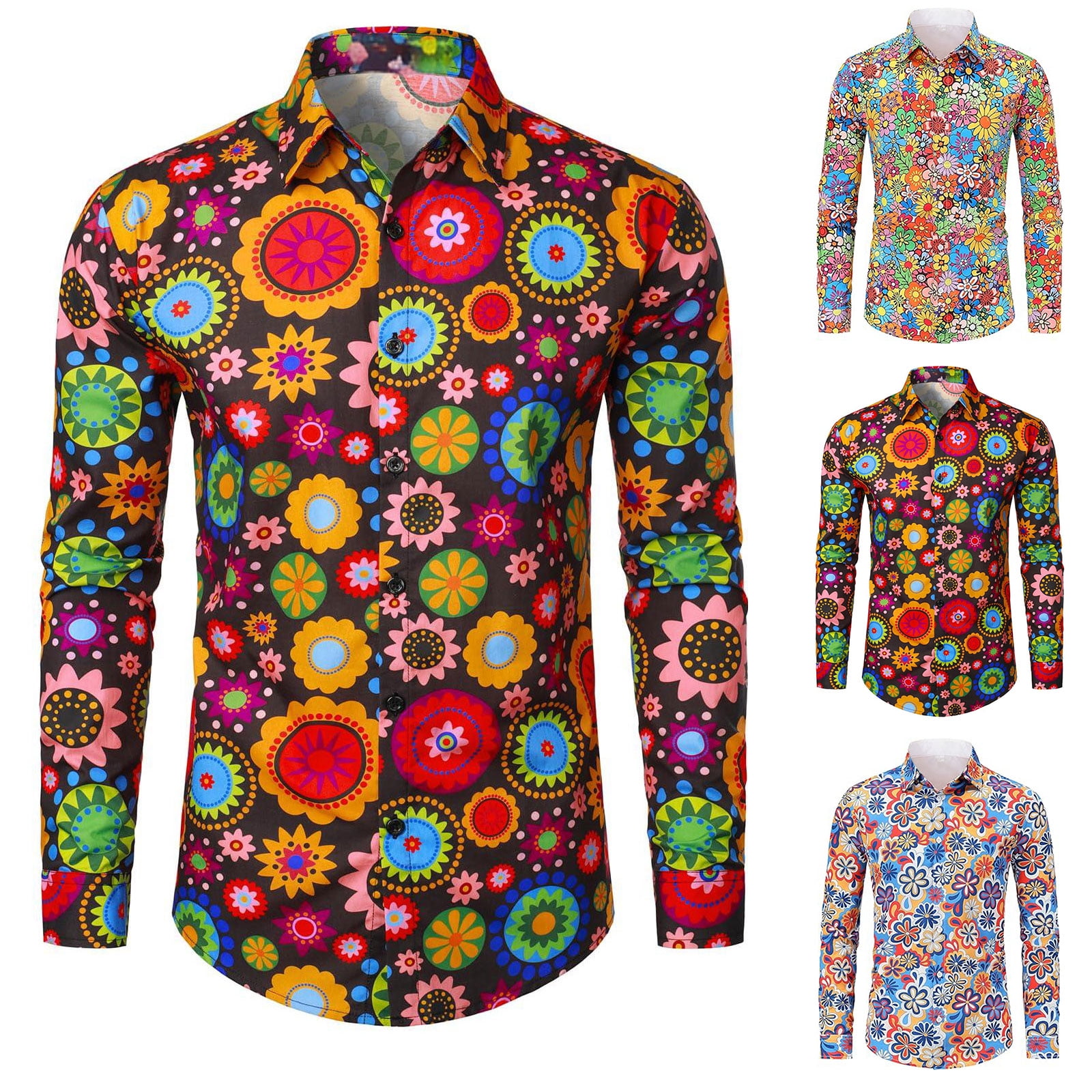 70s Outfits for Men Long Sleeve Casual Button Down Shirt Disco Hop Casual Paisley Floral Vintage Shirt Red M