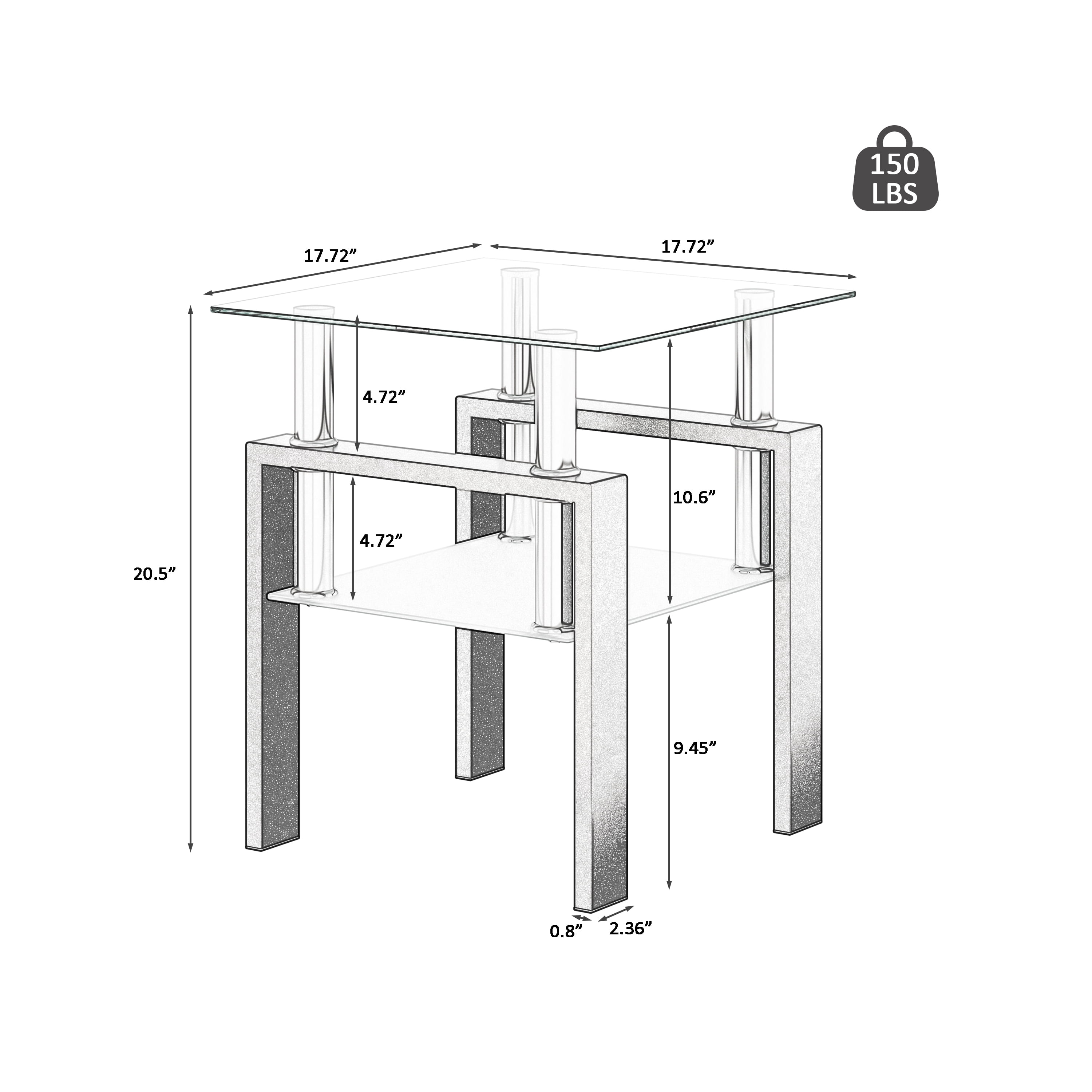 MAYEERTY Modern Square Tempered Glass Coffee Table – Transparent & Black End Table for Living Room