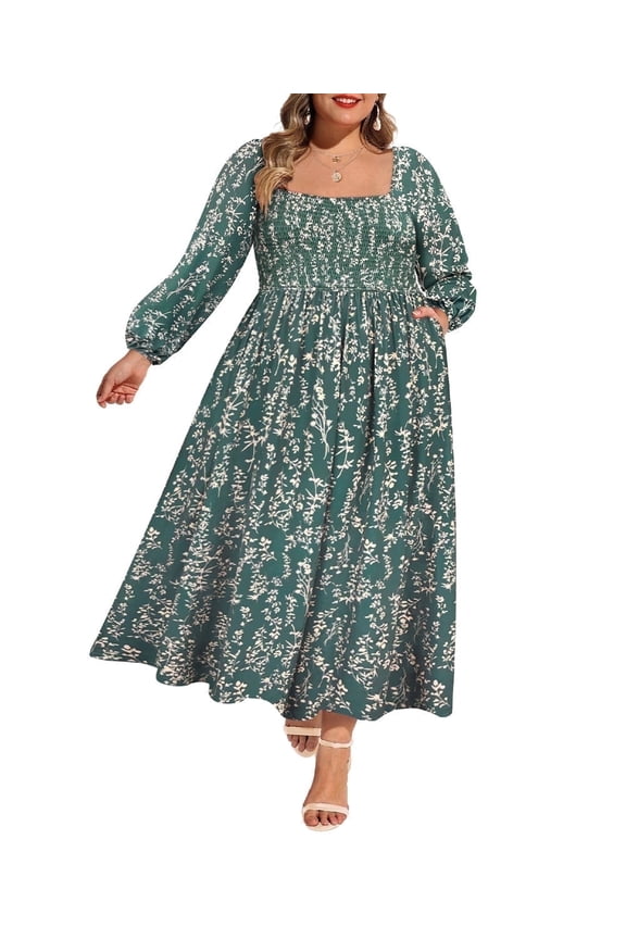 Womens Plus Size Long Sleeve Dress 3X Curvy Fall Boho Square Neck Bubble Sleeve Green Flowing Maxi Dresses Holiday Wedding Date Guest 3XL 22W 24W