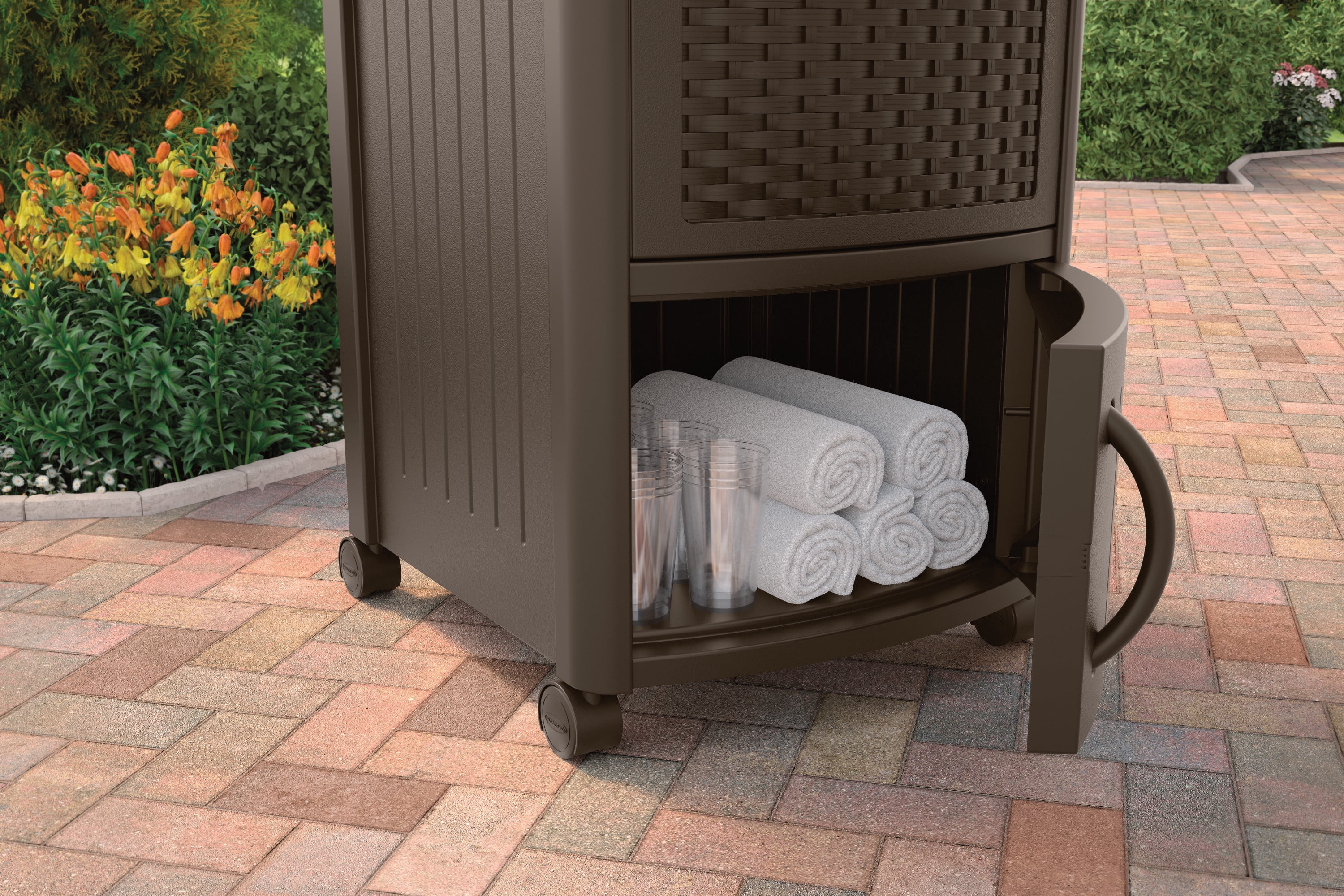 Suncast 77 qt. Resin Wicker Outdoor Cooler Station® Patio Cooler, Java Brown