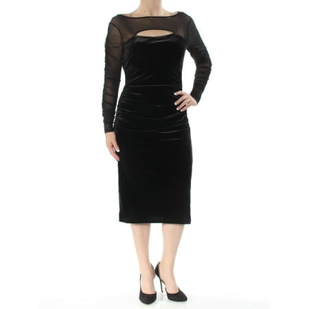 INC Womens Black Ruched Cut Out Long Sleeve Illusion Neckline Below The Knee Body Con Cocktail Dress  Size: