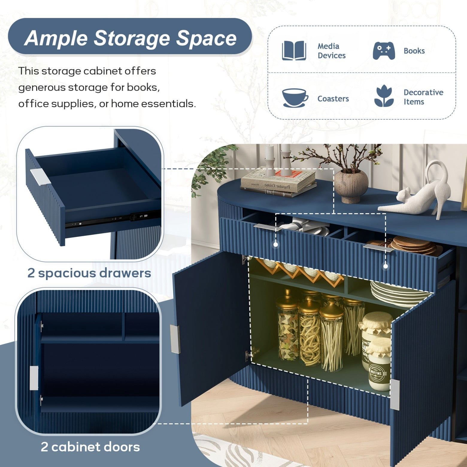 55.1" Storage Cabinet with 2 Doors & 2 Drawers, Stripe MDF Sideboard with Curved Side Door & 3-Tier Shelves, Buffet Cabinet for Living Room Dining Room Bedroom, Navy Blue