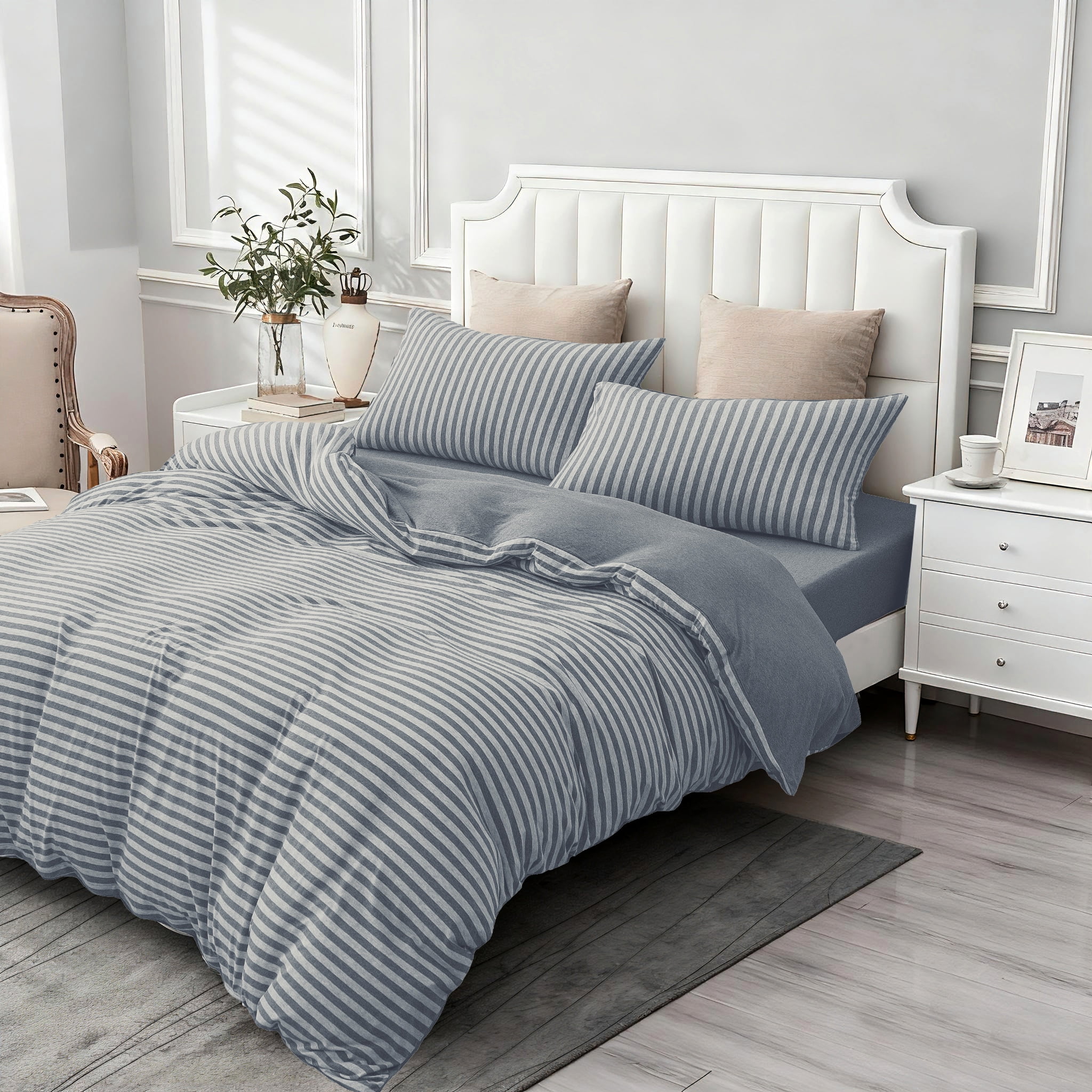PURE ERA Jersey Knit Duvet Cover Set 100% T-Shirt Heather Cotton Super Soft Striped Design, with Zipper Closure, Blueish Grey Stripe, Queen
