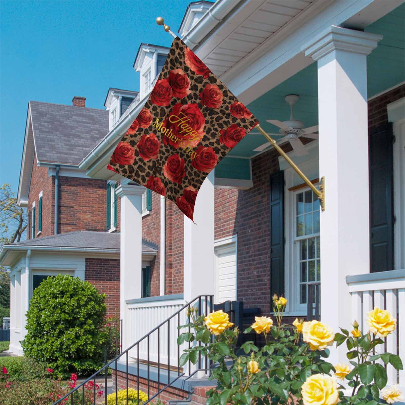 Happy Mother's Day House Flag 28 x 40 Inches, Red Roses Romantic Flower Brown Leopard Weather Proof Outdoor Patio Flags Double Sided Small House Decoration for Yard Lawn Outside Home