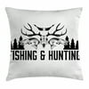 Hunting Decor Throw Pillow Cushion Cover, Hunting and Fishing Vintage Emblem Design Antler Horns Mallard Pine Tree, Decorative Square Accent Pillow Case, 18 X 18 Inches, Black and White, by Ambesonne