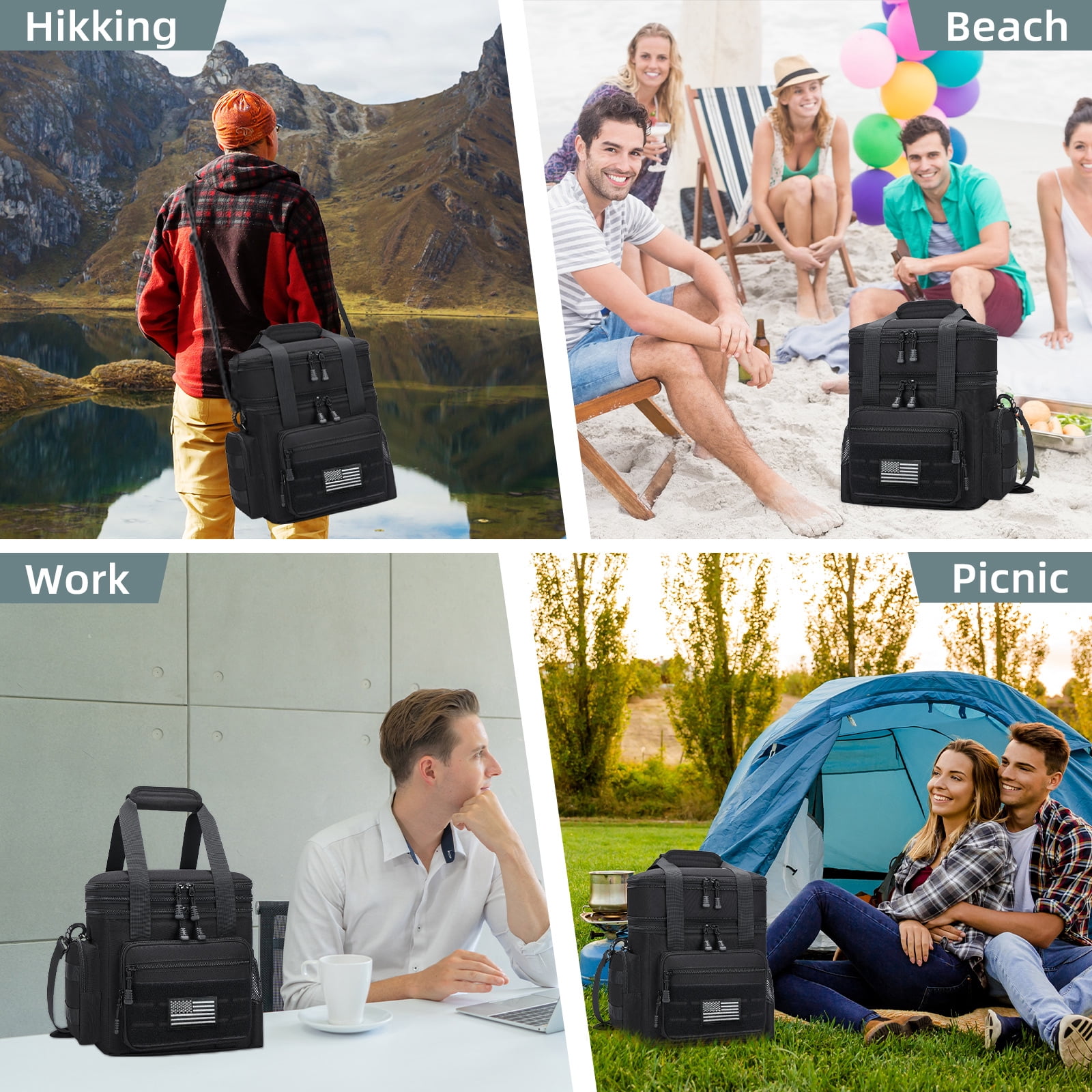 Holuxer Large Lunch Box for Men/Adults, Double Deck Expandable Camping Lunch Bags for Work Travel Daytrip Picnic Outdoor, Insulated Leakproof Cooler Bags with Flag Adjustable Shoulder Strap Black