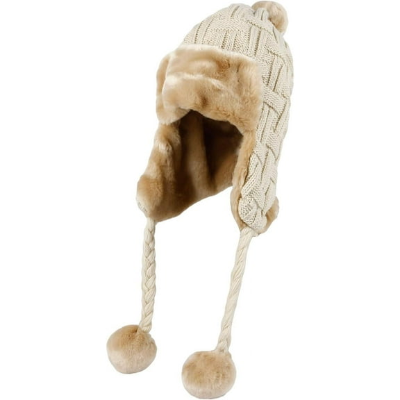 AKcxy Fleece Lining Thick Cable Knit Beanie Hat Earflaps Cap FZ70022