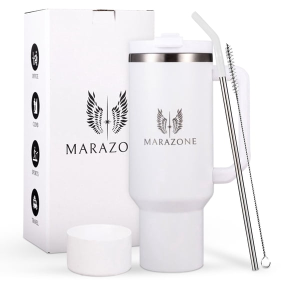 MARAZONE 40 oz Pure White Stainless Steel Insulated Travel Mug for Hot and Cold Drinks, Leak Proof Tumbler with Accessories