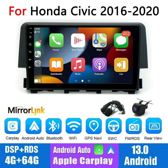 Guwzn Car Stereo Radio for Honda Civic 2016-2020 9" Touchscreen 4 64G Vehicle GPS Navigation Wireless CarPlay Android Auto