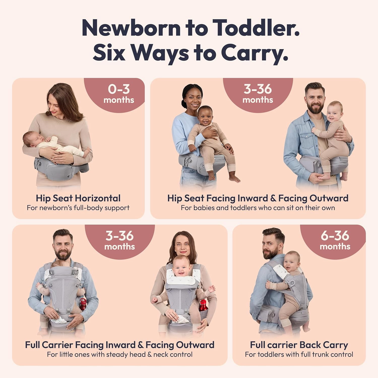 BabbleRoo Grow Plus Carrier – Safety Certified Organic Cotton Baby Carrier with Detachable Hip Seat, Infant to Toddler (7–50 lbs)- Light Gray