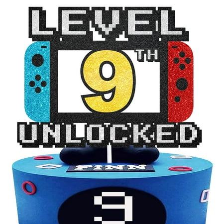 Level Up Cake Topper - Level ITL1 9th Game Sign Theme Party Decorations for Video Game Themed Kids Boy Girl Party Supplies