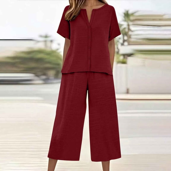 Gamivast Pants Sets Women 2 Piece Outfits Short Sleeve Button Top and Cropped Wide Leg Pants Elastic Waist Casual Lounge Matching Sets Summer Vacation Wear
