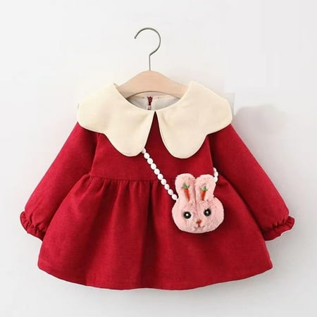 

THE WILD Girls Dresses Cute Ruched Curved Hem Floral Print O-Neck Long Sleeve Mini Girls Dresses And Bag Red