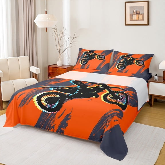 jejeloiu Black Motorcycle Twin Sheet Sets,Extreme Sports Theme Twin Fitted Sheet,Racing Dirt Bike Flat Sheet For Boys Kids,Breathable Bedroom Decorative,3-Piece