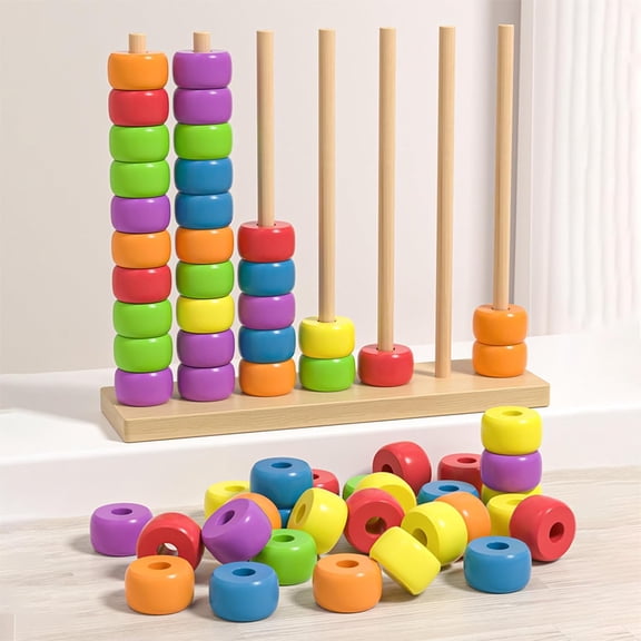 Color Stacking Game, 60 Pcs Challenge Colorful Ring Stacking Games, Wooden Rainbow Sorting & Stacking, Fun Color Matching Puzzle Game for Family Game Night, Includes 1 Stack Racks & 60 Rings