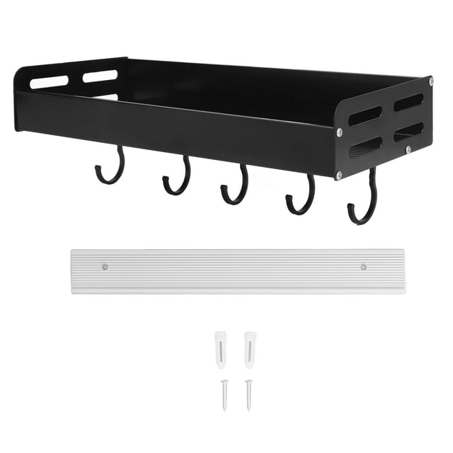 Estantes Flotantes de Pared de aluminio Negro Con 5 Ganchos para Organizar El Ahorro de Espacio en la Cocina y El Baño