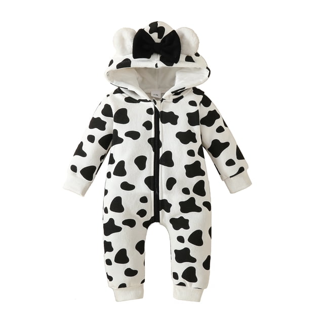 ZAXARRA Bébé Filles Tomber à Capuche Combinaison à Manches Longues Mignon Coeur Vache Modèle Arc Zippé Casual Romper
