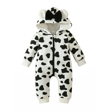 

Qtinghua Newborn Baby Girls Jumpsuit Long Sleeve Hooded Heart/Cow Print Bow Zipped Casual Romper Fall Clothes Black White A 12-18 Months