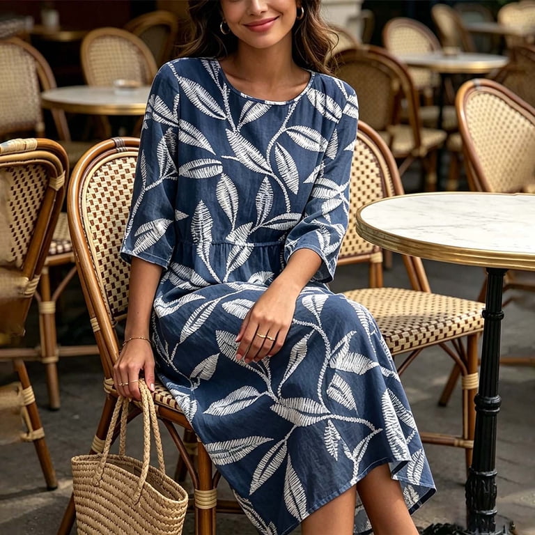casual 3/4 sleeve midi dresses Cream Floral Smocked 3/4 Sleeve Plus Midi Dress