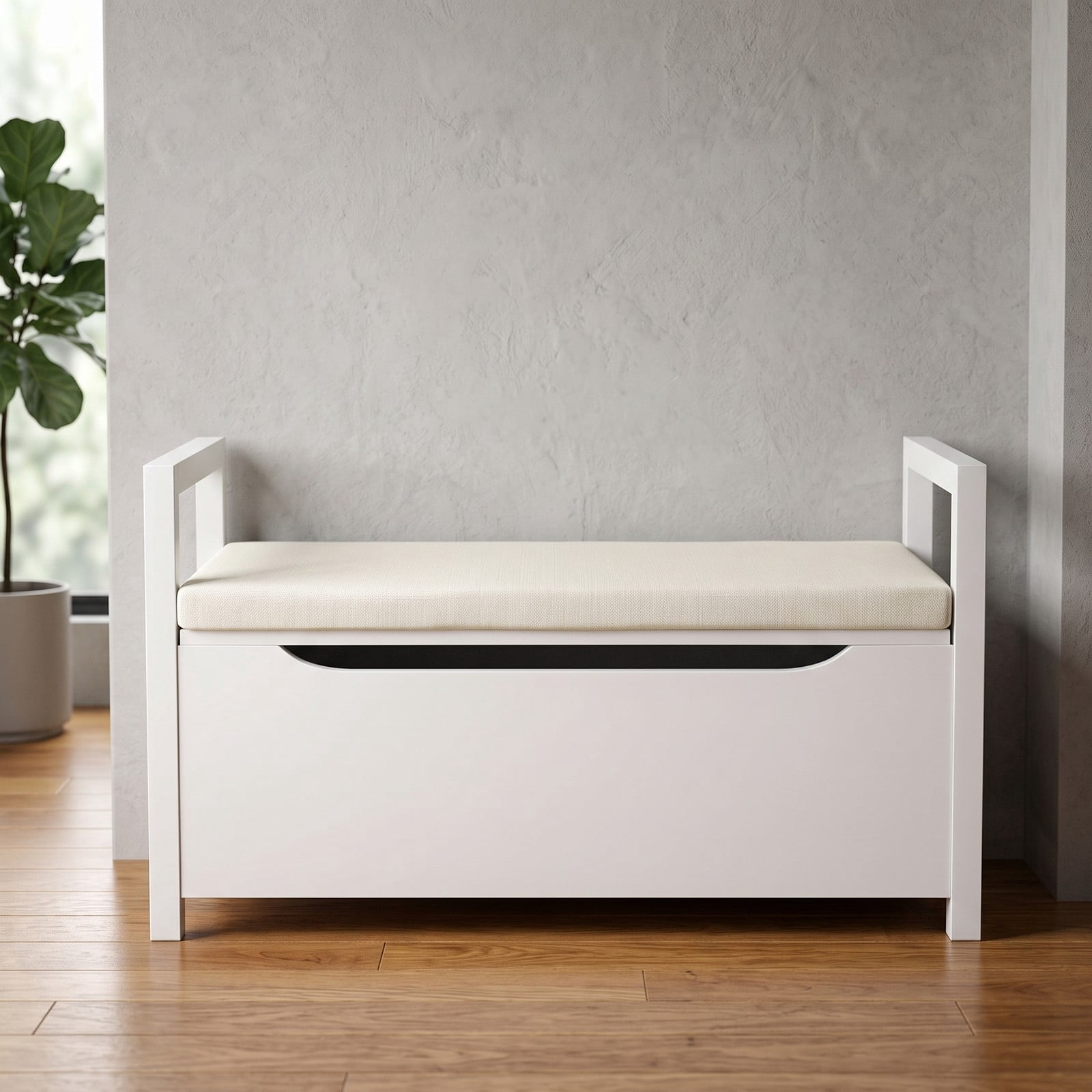 Furnibear 34.5 Inch Shoe Storage Bench with Removable Cushion Seat and Flip-Top Hidden Storage for Entryway and Hallway, White