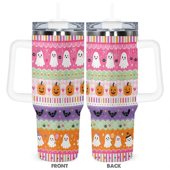 40oz Halloween Ghost Pumpkin Car Tumbler Insulated Travel Coffee Cup with Handle and Straw Cute Spooky Holiday Gift