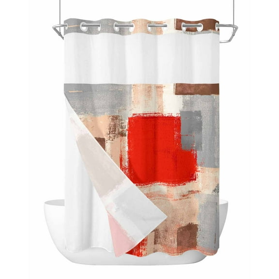 No Hook Cloth Fabric Shower Curtain with Snap in Liner, Red Ombre Waterproof Shower Curtains Set with See Through Top Window, Farmhouse Contemporary Abstract Checked Bath Curtains Shower 48"x72"