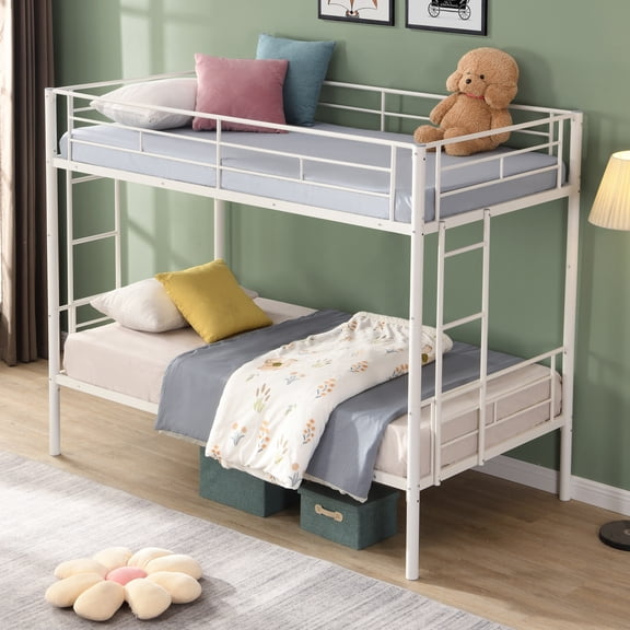 Metal Bunk Bed in White with Ladder and Guardrails, Twin over Twin Bunk Bed Frame for Kids Teens Bedroom Dorm, Space Saving Steel Bed Frame