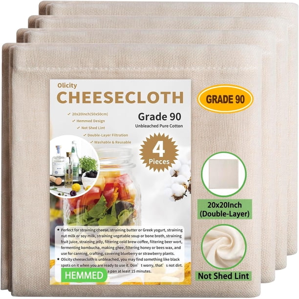 Olicity Paños de queso con dobladillo, grado 100, 20 x 20 pulgadas, colador de tela de queso de muselina precortada 100% sin blanquear para cocinar, hornear, hacer jugo, hacer queso - 6 piezas
