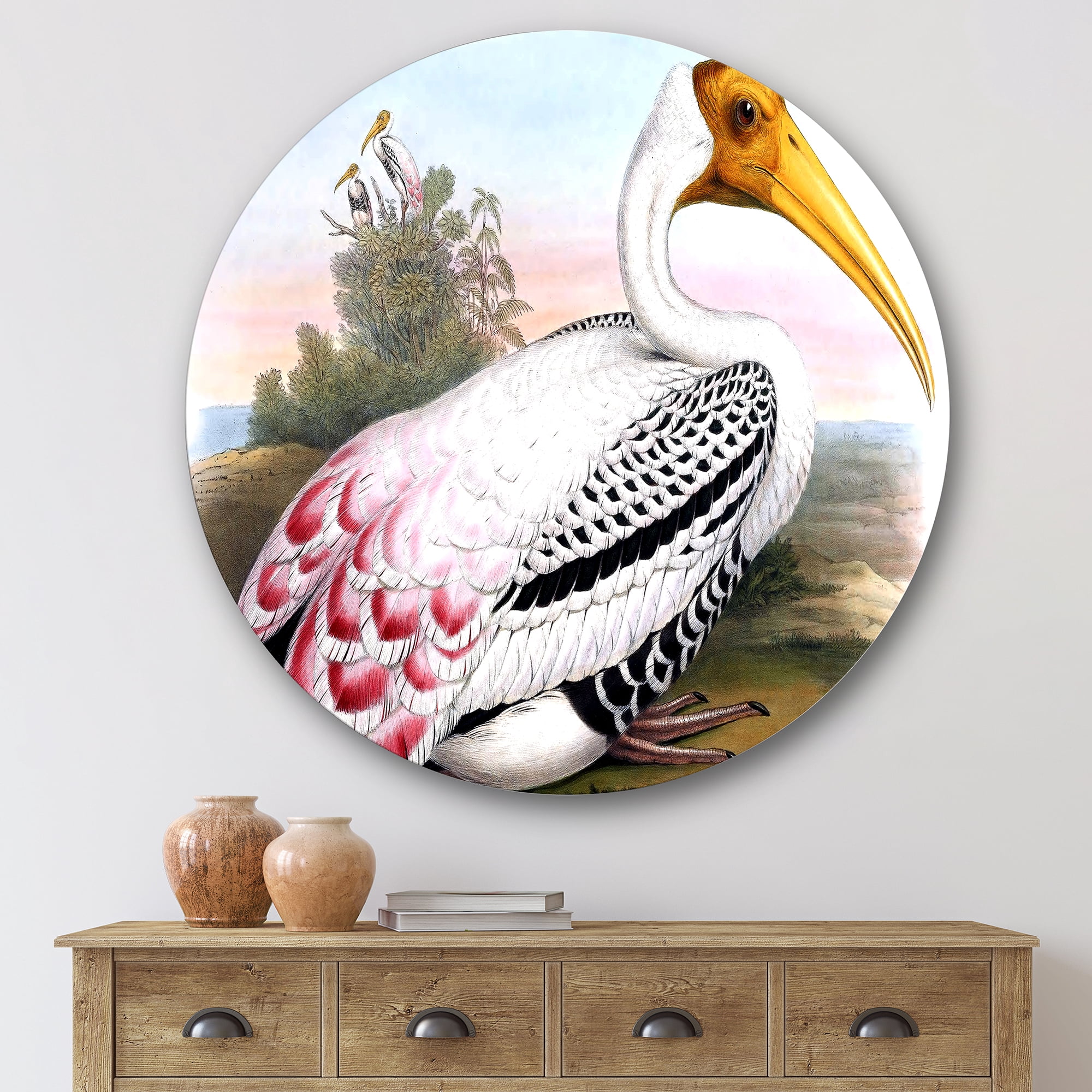 Designart 'Vintage Countryside White Birds' Farmhouse Circle Metal Wall Art 29x29 - Disc of 29