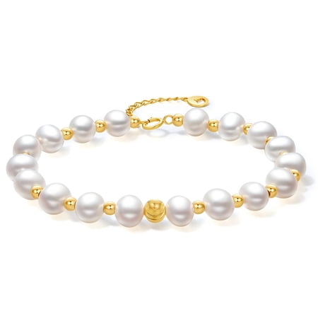 ZHOU LIU FU 18K Yellow Gold and White Freshwater Pearl Chain Bracelet Gold Beads Bracelet Dainty Jewelry Anniversary Birthday Gift for Women Adult X0713026