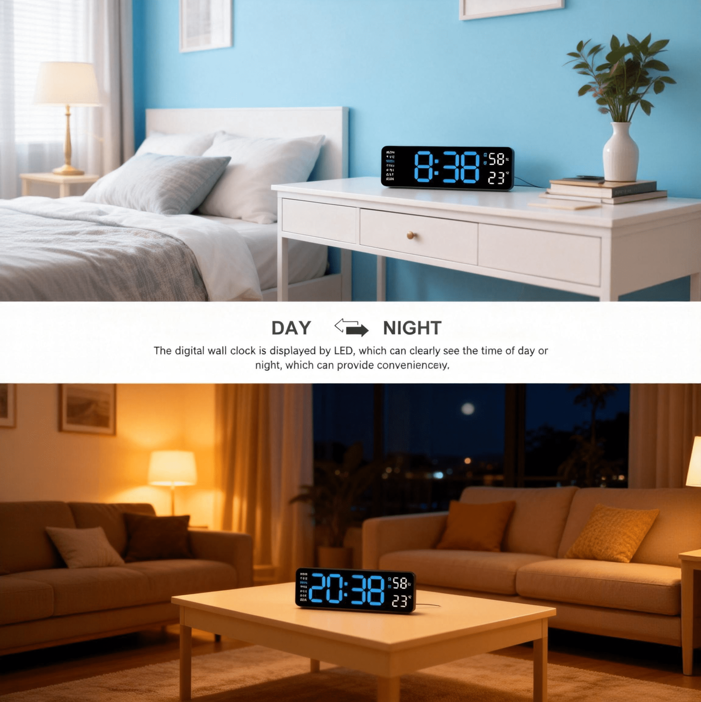 Digital Wall Clock Large LED Display Dual Alarm Temperature Humidity Auto Dimming Big Numbers Desk Clock Calendar Day Date Week Display Plug in Classroom Office Bedroom Living Room Kitchen Wall Mount