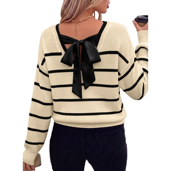 Eytino Womens Sweaters Long Sleeve Back Bow Sweater V Neck Fall Color Block Pullover Tops