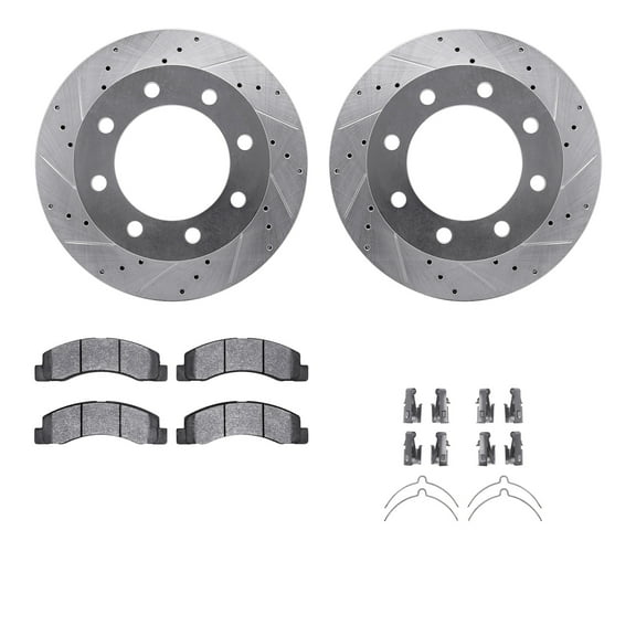 Dynamic Friction Company Front Brake Rotors-Drilled and Slotted-Silver with Ultimate Duty Performance Brake Pads includes Hardware 7412-54043