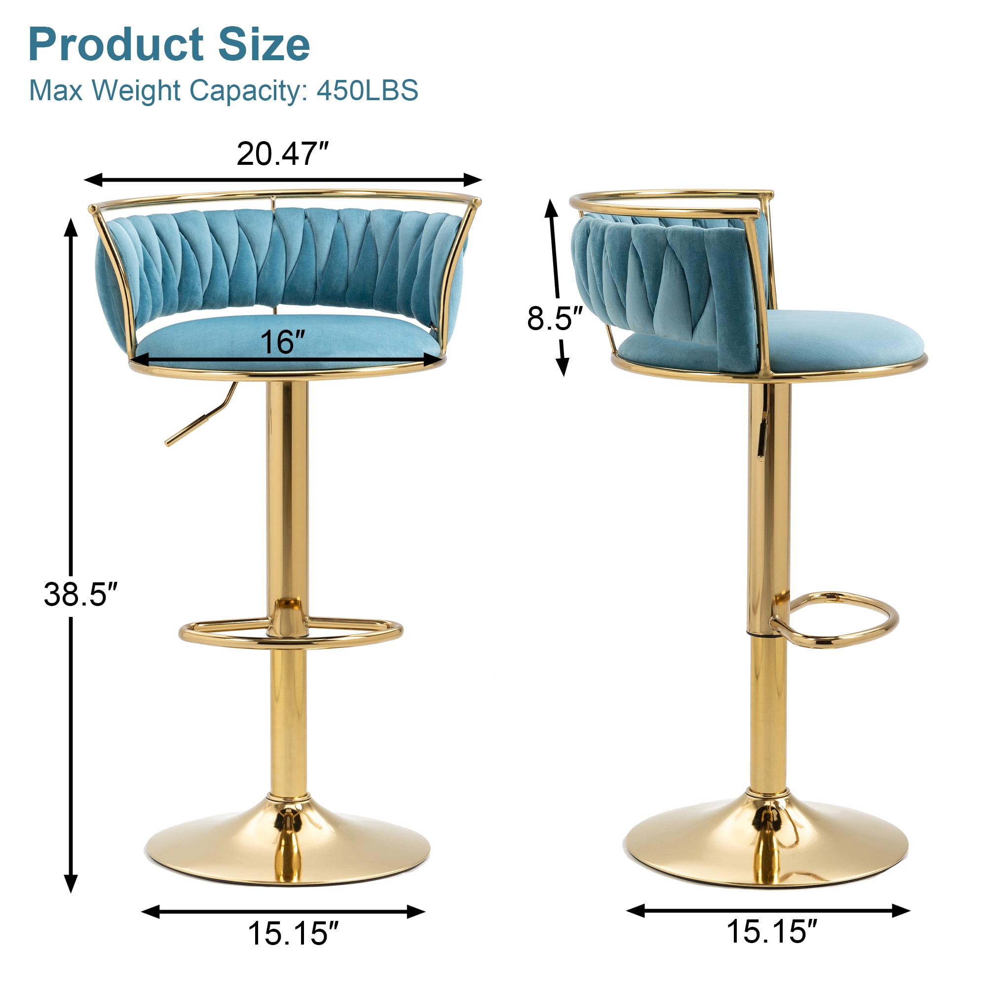 UIXE 360° Swivel Bar Stools Velvet Upholstered Adjustable Bar Chairs Set of 2 with Back & Footrest for Home and Kitchen, Blue