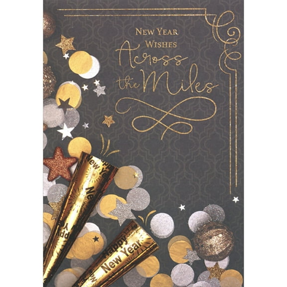 Designer Greetings Two Gold Party Horns, Circles and Stars Confetti Across the Miles New Year Card