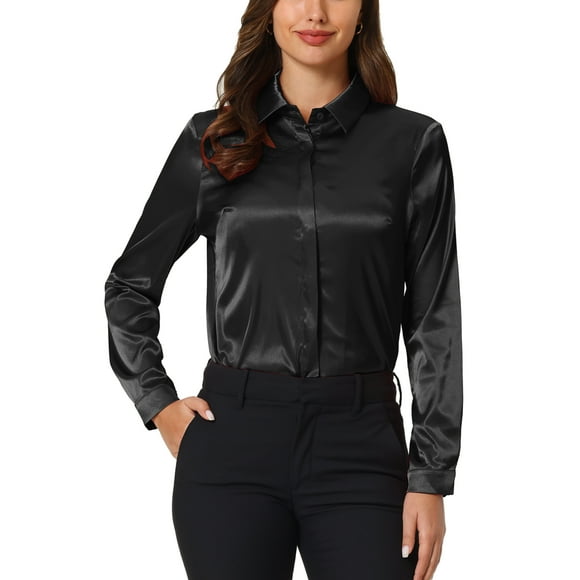 BLUSA DE SATÉN PARA MUJERES CHIC INSPIRADA, DE MANGA LARGA, CAMISA DE OFICINA CON BOTONES, TALLA 2XL, NEGRA