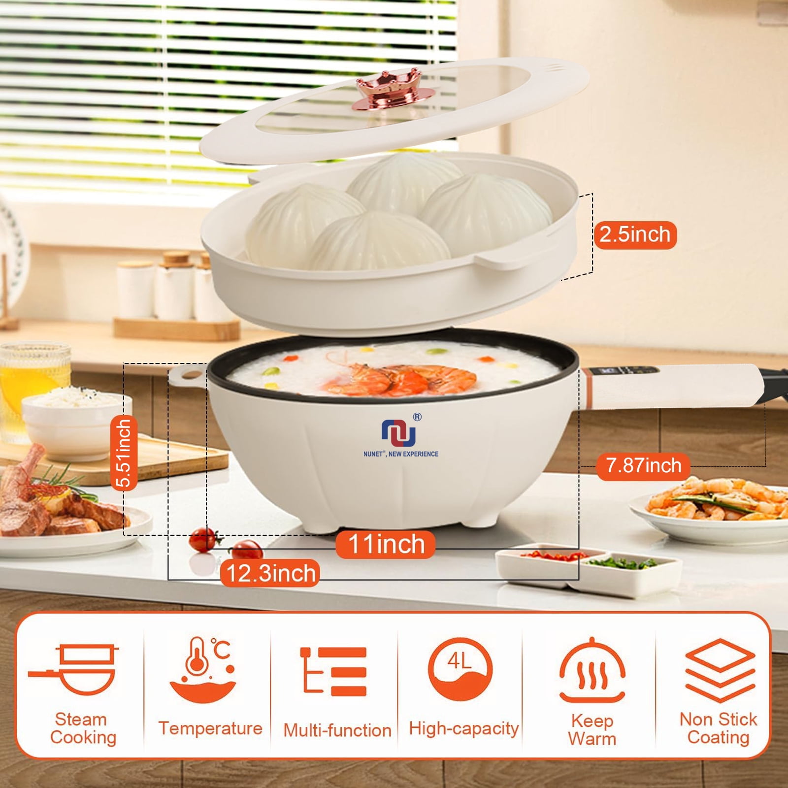 4L Electric Skillet 1000W Electric Cooker with Non-Stick Coating & Steamer, Timer & Schedule Cooking Settings, 12" Large Electric Hot Pot with Lid for Soup, Pasta, Frying, Stir-Fry