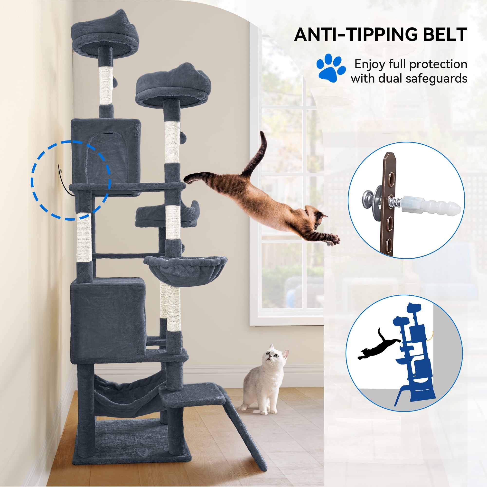 Dextrus 75" Multi-Level Cat Tree Tower with Cat Condos, Top Perches, Hammocks, Scratching Posts Board, Large Cat Activity Center,Dark Gray