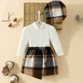 thumbnail image 2 of Youmylove Toddler Girls Fall 3PCS Skirt Outfit Baby Knitted Ribbed Long Sleeve T-Shirt Tops Plaid Skirt Beret Set Child Dailywear, 2 of 9