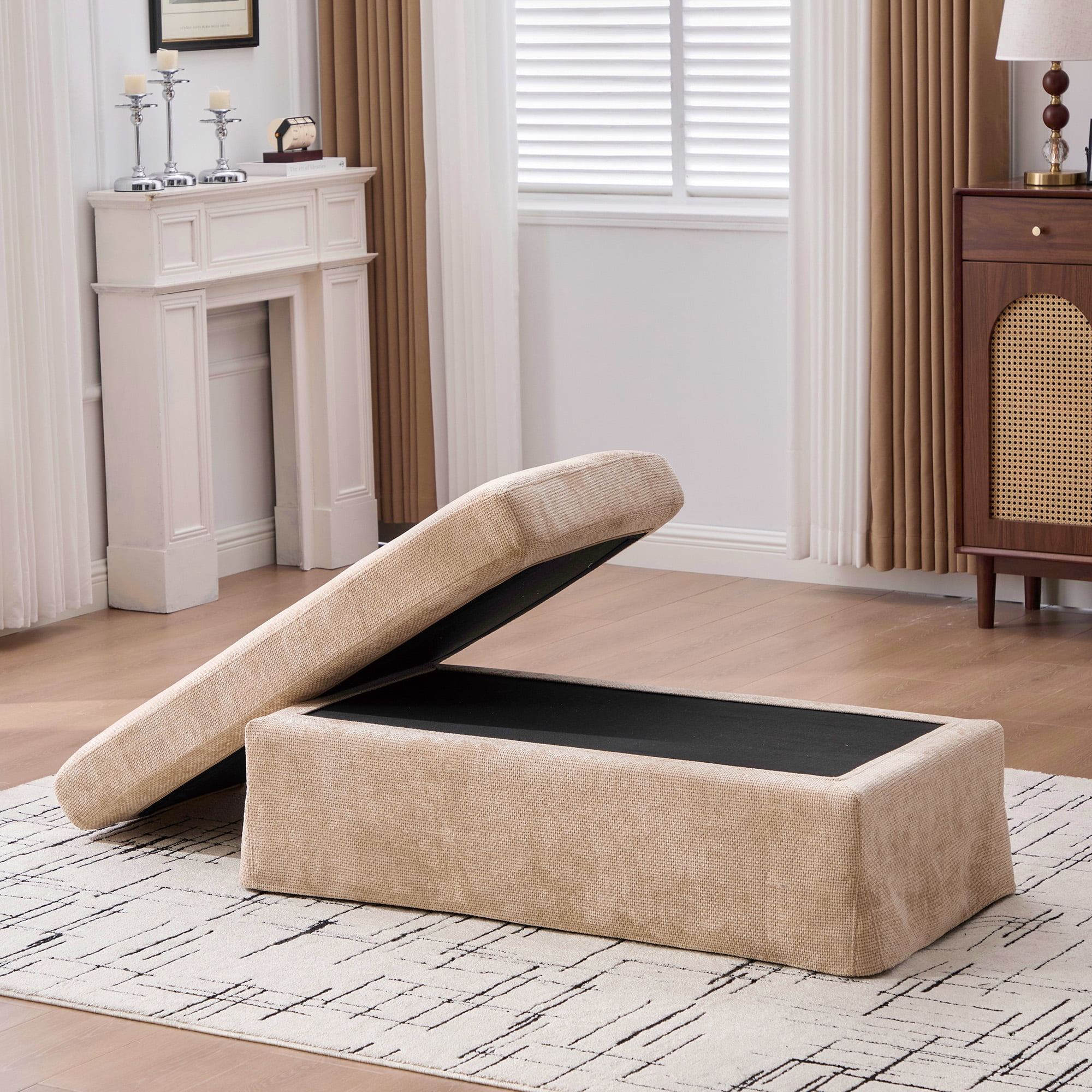 43.7" Wide Wheat Chenille Ottoman Square Foot Stool with Black Metal Legs, Removable Cushion Cover & Tray, 500LB Capacity for Living Room Bedroom Entryway Office