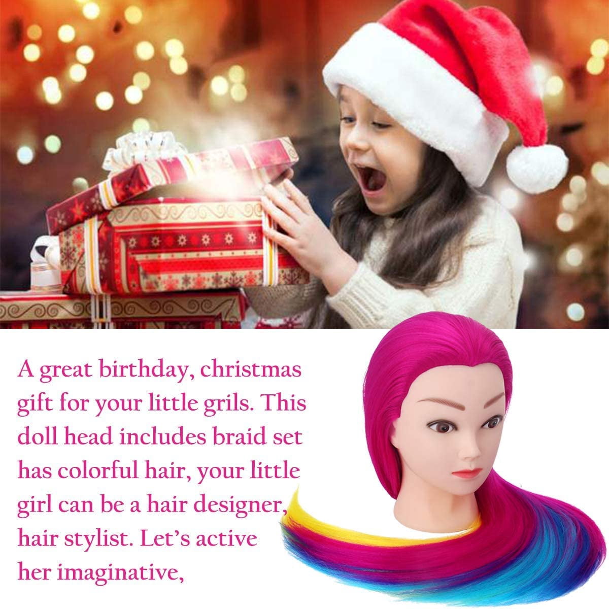 Training Head, TopDirect 29" Colorful Hair Mannequin Manikin Head Cosmetology Doll Head Practice Styling Hairdressing Training Braiding Heads with Clamp Holder and Tool Set