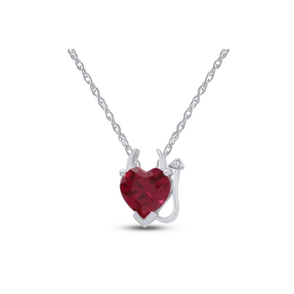 AFFY Simulated Ruby CZ Devil Heart Pendant Necklace In 14k White Gold Over Sterling Silver (3.2 Cttw)