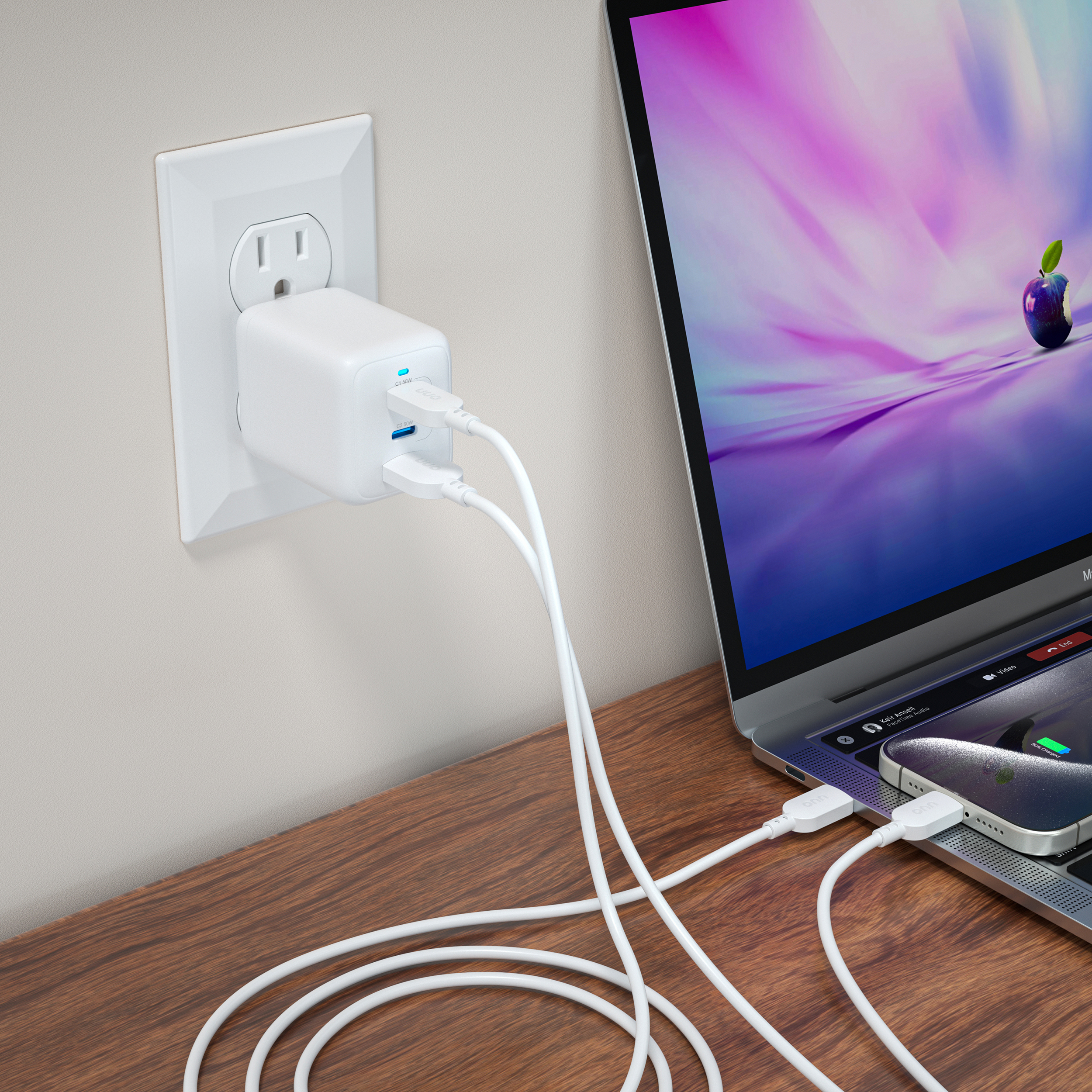 Cargador de pared rápido multipuerto de 62W, USB-C/USB-A, certificado USB-IF, enchufe plegable, blanco 6