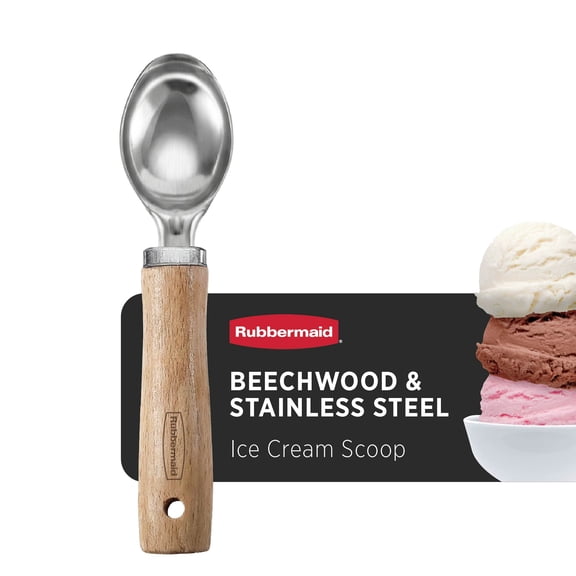 Rubbermaid Ice Cream Scoop – Heavy Duty Stainless Steel Metal Scooper | Unbending Strength for Hard Frozen Desserts | Ergonomic Beachwood Handle Kitchen Utensil