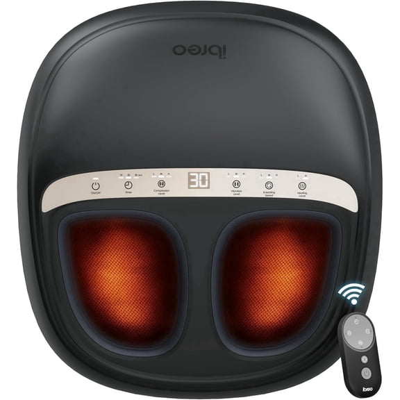 ibreo Shiatsu Foot Massager Machine with Heat, Deep Kneading, Air Compression, Vibration, Adjustable Pressure Auto Timer Remote Control, Black