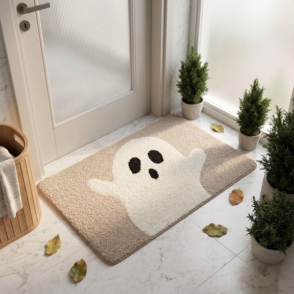 Halloween Door Mat Ghost Bath Mat Flock Extra Thick & Absorbent for Indoor Outdoor Front Porch Entryway Kitchen Bedroom Halloween Decorations by MPOISVA