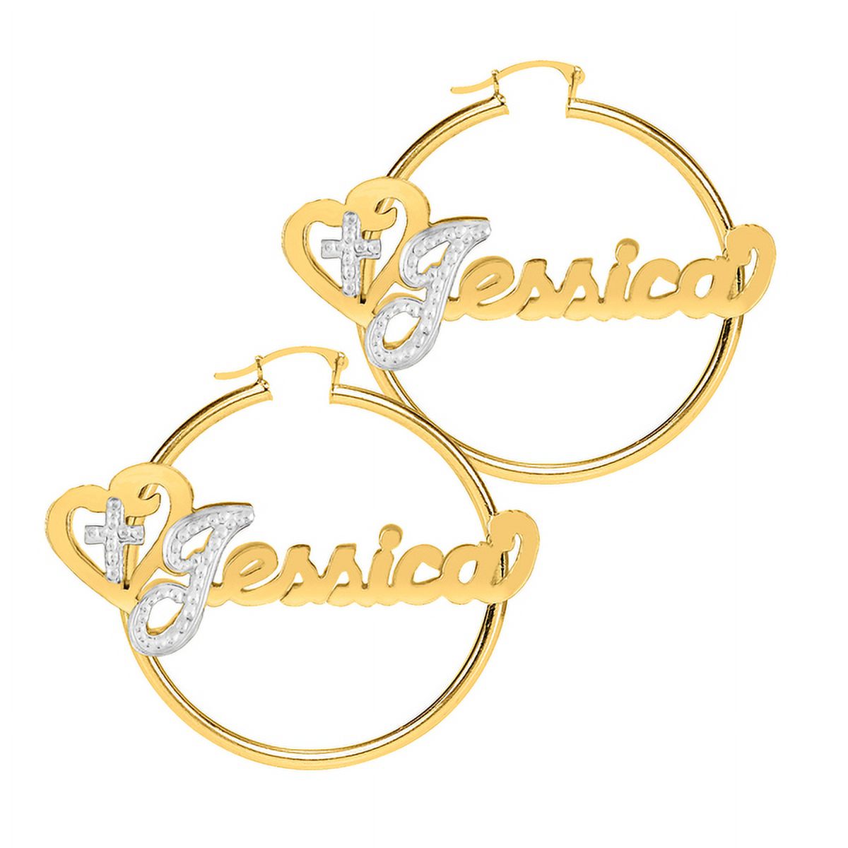 Personalized Religious Hoop Name Earrings With Beading and Rhodium on First Initial