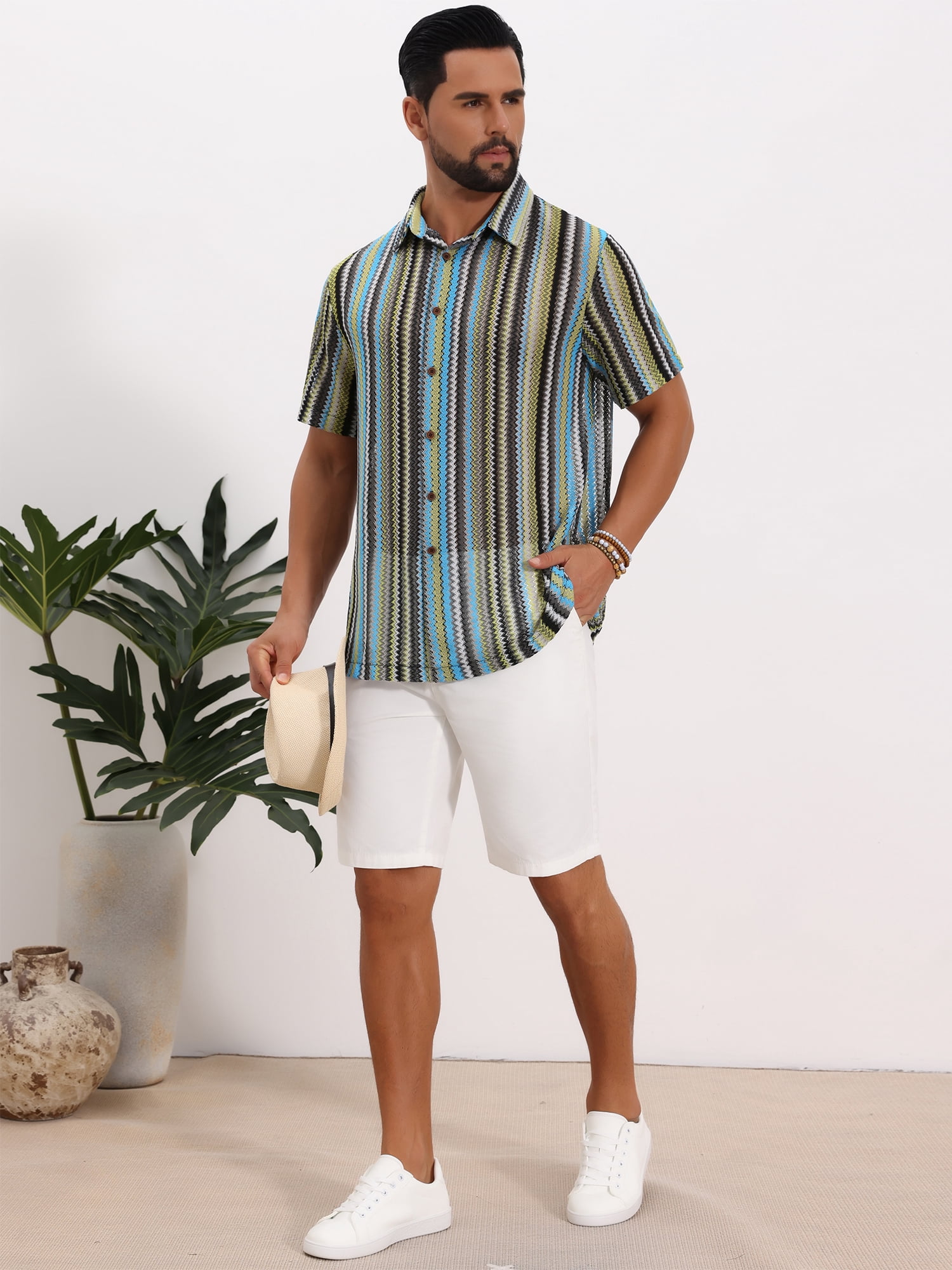 DARING DIVA Men's Striped Short Sleeve Button Down See Through Shirts XL Blue Green