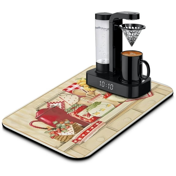 Coffee Mat, Vintage Kitchen Pattern Coffee Bar Mat for Coffee Station Accessories and Organizer, Absorbent Dish Drying for Kitchen Counter, Coffee Bar Decor Coffee Machine Mat 19.5x12in
