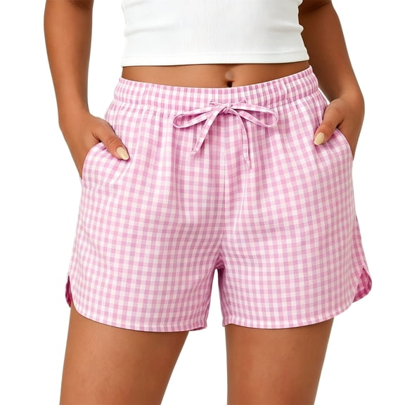 Plaid Shorts for Women Drawstring Elastic Waist with Pockets Lightweight Summer Beach Lounge Shorts